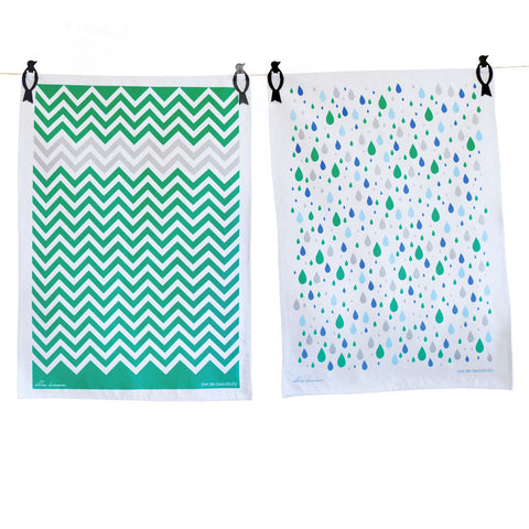 Tea Towels twin pack - Raindrops & Chevron green - Neapolitan Homewares