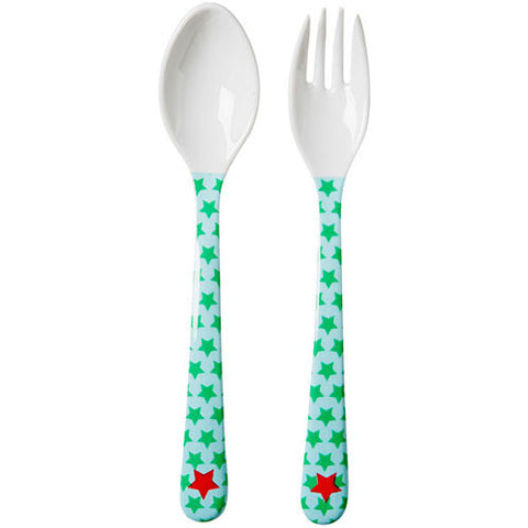 RICE Kids melamine fork & spoon - Red Star print - Neapolitan Homewares